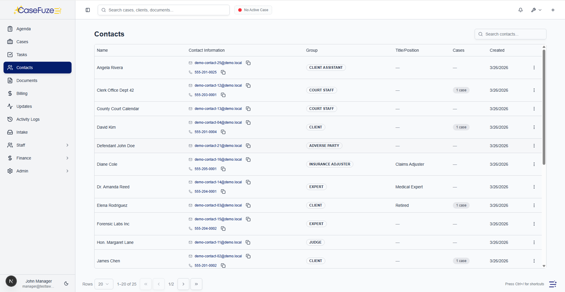 CaseFuze contacts screen