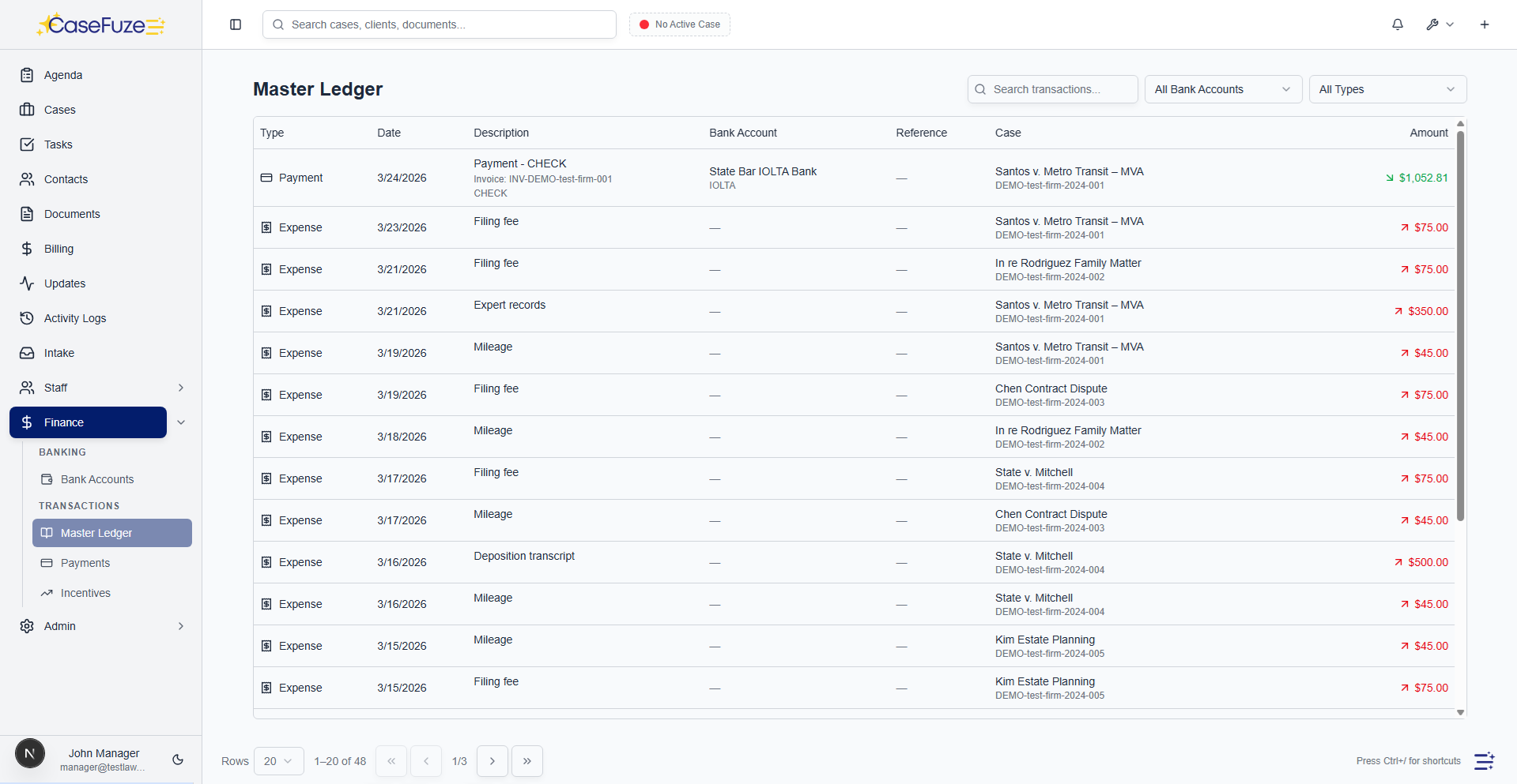 CaseFuze master ledger and trust accounting detail