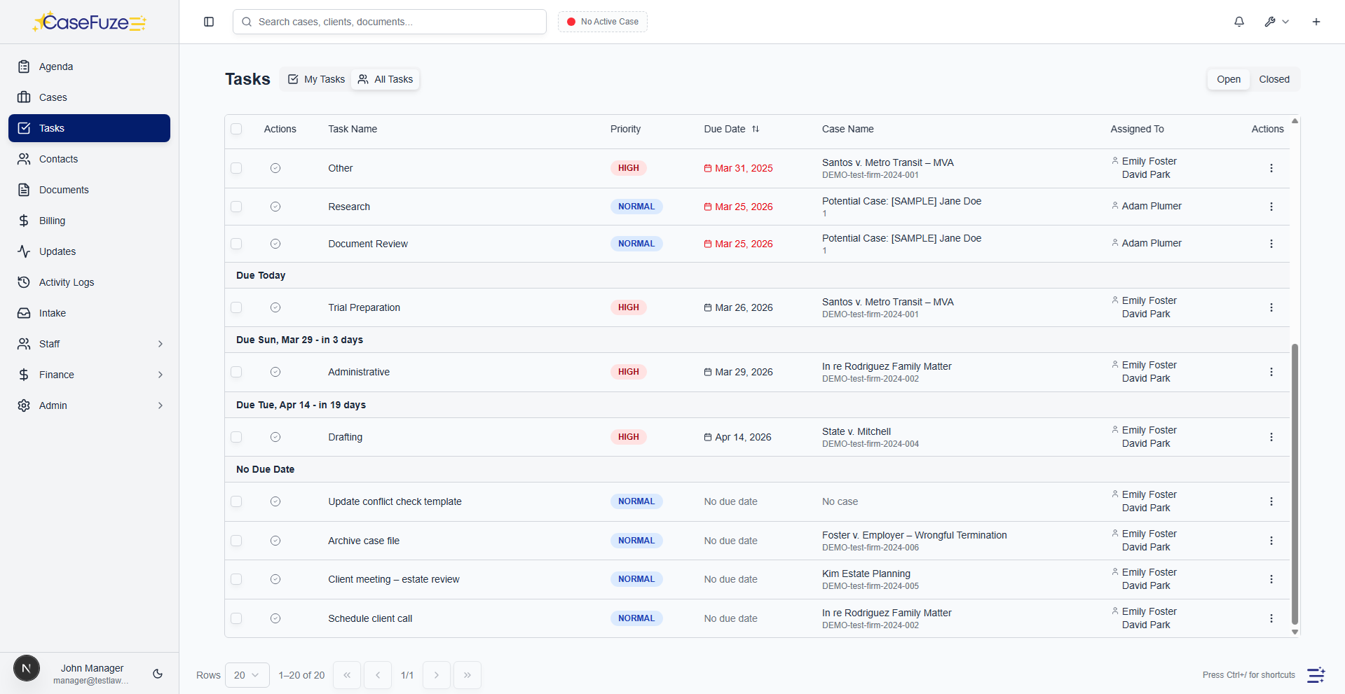 CaseFuze tasks and matter workflow