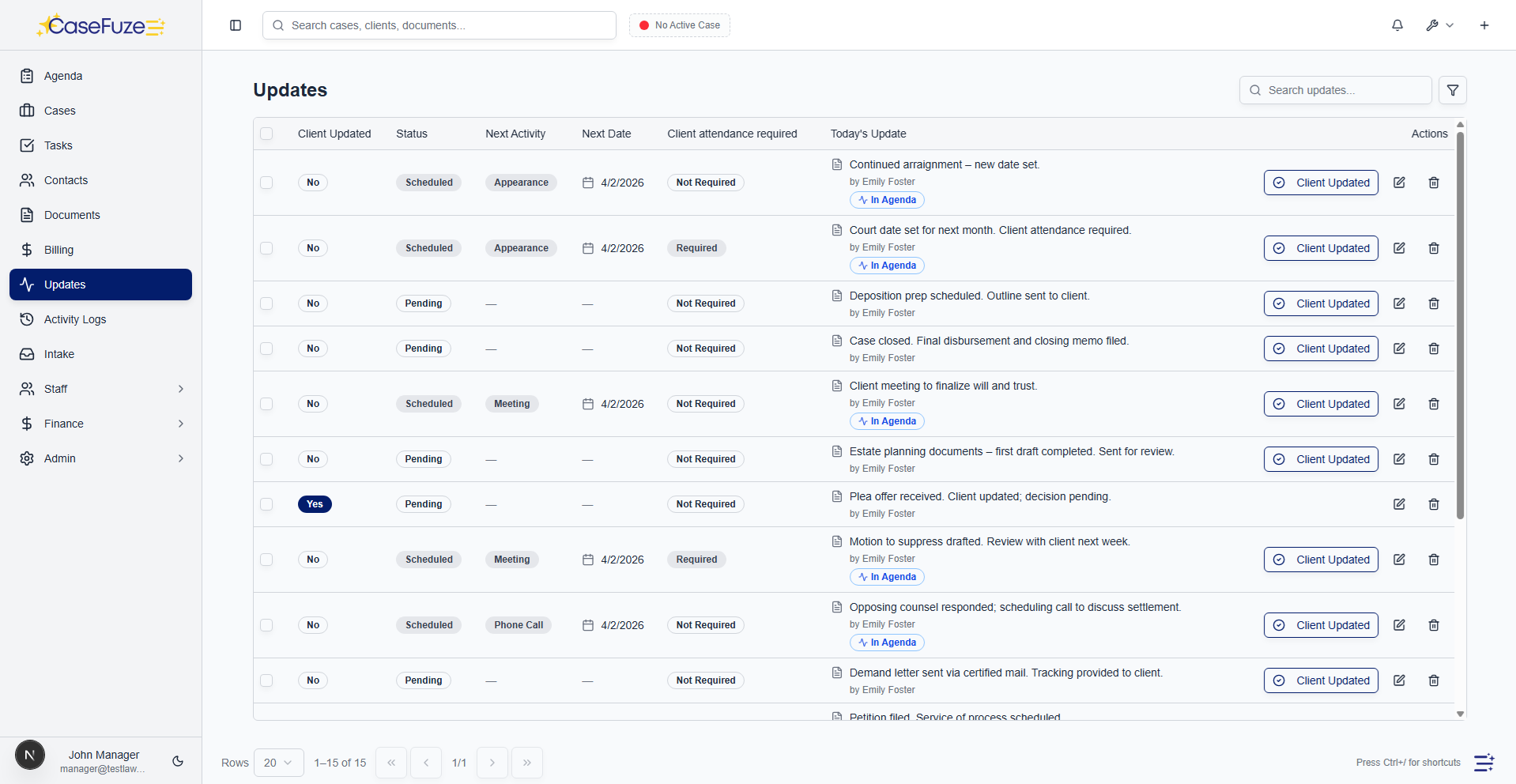 CaseFuze automated updates and workflow activity
